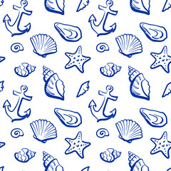 Seamless pattern with starfish, shells and anchor drawn by hand in blue ink. © Katerinjiyuu