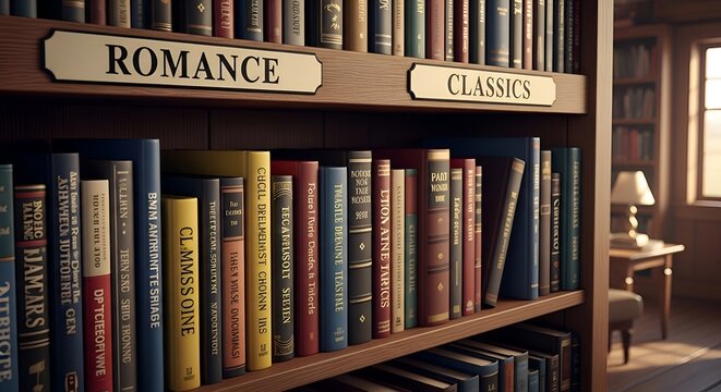 Wooden bookshelf with vintage romance and classics books, warm lighting, cozy reading nook vintage books
