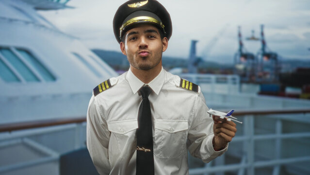 Pilot man in uniform and captain hat holds a model airplane in his right hand and blows a kiss, epaulettes and tie visible on a studio set; pride duty.
