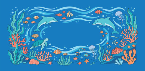 Colorful underwater marine life background frame with dolphins sea turtle jellyfish tropical fish and coral reef for ocean conservation and nature education projects © MST HASMOTARA