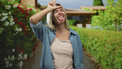 Obraz premium Woman with blonde hair in denim shirt makes l sign on forehead and sticks tongue out toward camera beside residential building entrance; playful mischief.