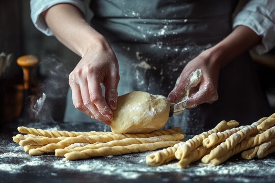 A person kneads bread dough on a table, preparing for baking