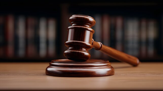 A wooden gavel is placed on a round sound block in a courtroom