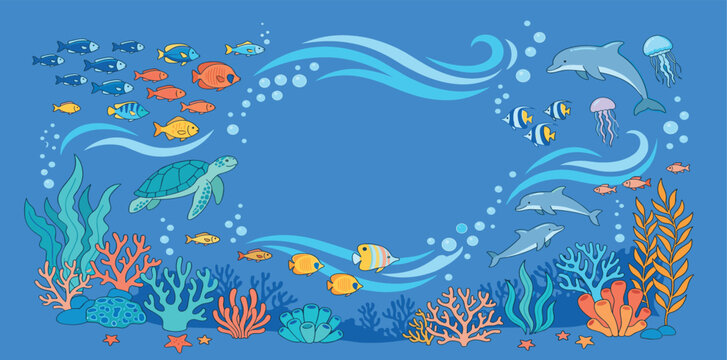 Colorful underwater sea life background with coral reef tropical fish dolphins sea turtle and jellyfish for ocean conservation and marine biology design projects.