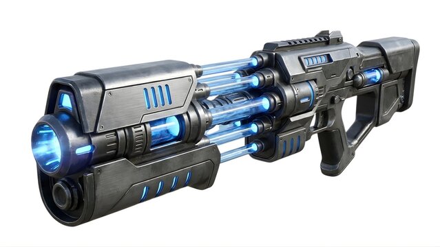 A futuristic sci-fi blaster gun with blue glowing tubes on transparent background