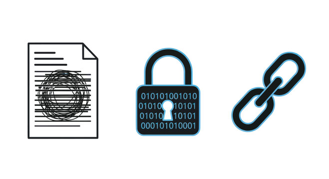 Security icons set including document with redacted information, digital lock with binary code and chain link on white background for business and technology concepts