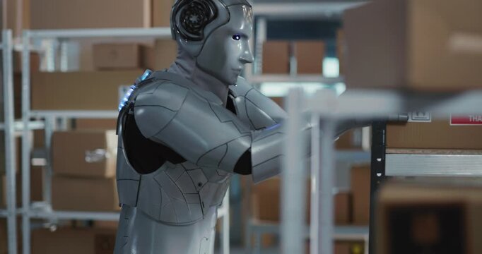 AI robot employee working in workshop delivery department of post office. Cybernetic cyborg performing human duties carrying boxes in service room.
