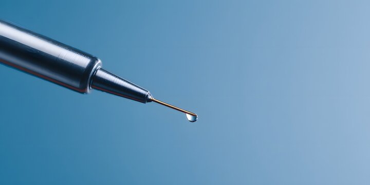 A close-up view of a hypodermic needle tip with a droplet of liquid at its end