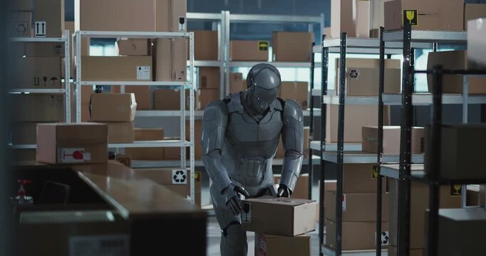 Robotic empoyee cybernetic silver robot working inside workshop collecting and sorting different parcel boxes on stillage racks. Future is now. Employment. Robotics.