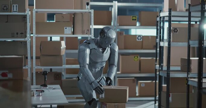 Cybernetic worker robot carrying and sorting parces in delivery department. Cyborg making error mistakenly throwing box on the floor. Failure concept.