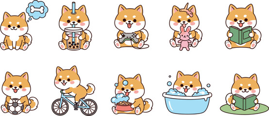 Fototapeta premium Shiba Inu Dog Icon Set Featuring Cute Activities Like Reading, Bathing, Playing, and Riding a Bike for Websites, Apps, Labels, and Digital Media Designs.