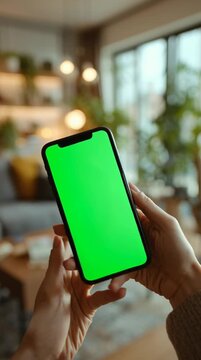 POV shot showing only hands holding a modern iPhone, screen facing viewer with bright green chroma key, smooth push-in motion, cinematic human perspective, static camera.