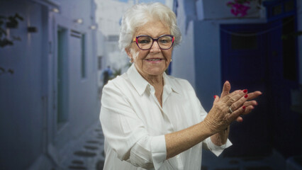Fototapeta premium Elderly woman clapping hands in a sunlit narrow street wearing white shirt and colorful glasses; warm celebration joy.