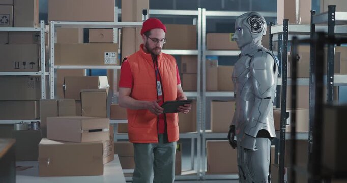 Caucasian young male employee using computer tablet testing AI technology cybernetic robot performing service commands cooperating in postal delivery workshop.