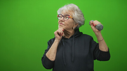 Naklejka premium Senior woman holds dumbbell in right hand and rests chin on left hand in studio; confidence strength wellbeing.