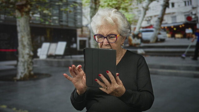 Elderly woman holding tablet tapping screen with raised finger on street plaza, wearing glasses and red nails with open mouth surprise; surprised curiosity digital learning.