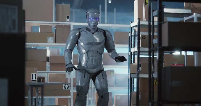 Futuristic silver cyborg working in workshop department post office delivery services store. Artificial intelligence. Employment of robots. Future concept.