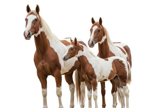 Three american paint horses with distinctive brown and white markings isolated on white background