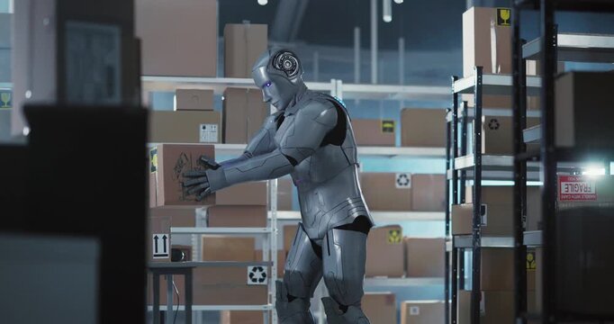 Futuristic employee cyber worker carrying sorting heavy delivery parcel boxes in storage room posing into camera. Artificial inteligence. Human interaction with robots.