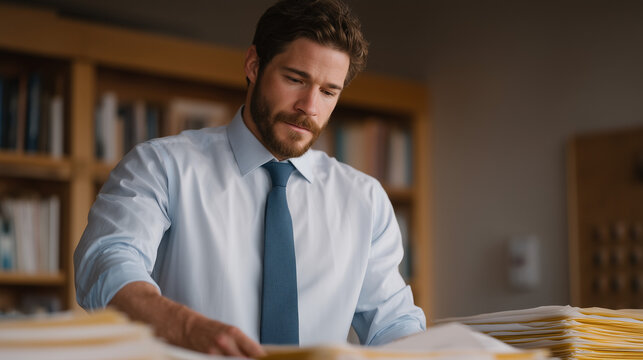 Public defender in a modest windowless office organizes case files for three clients on a shared desk, highlighting witness statements with focus and urgency while a law student intern cross-referen