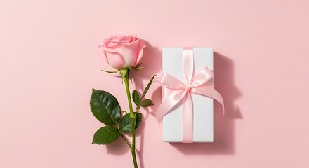 Fototapeta premium Mother s day gift ideas pink rose present on pink background celebrate mom