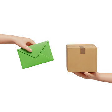 Hands holding a green envelope and a brown cardboard parcel box isolated on transparent background