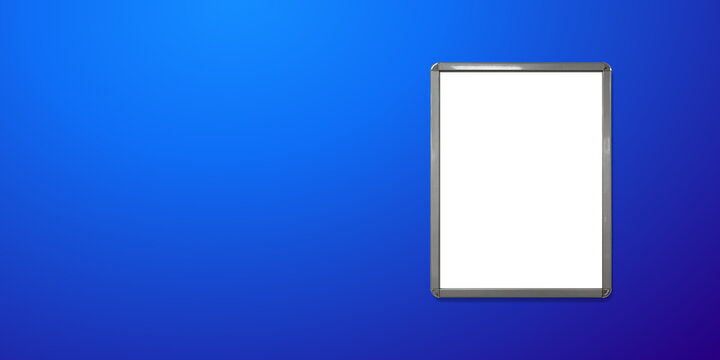 Blank 3x4 vertical poster in a snap frame on a bright blue background, advertising frame, drawing board
