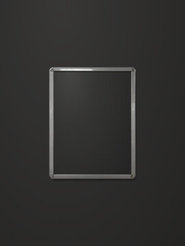 Blank 3x4 vertical poster in a snap frame on black background, advertising frame, chalkboard