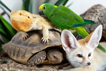 Obraz premium Bright Colors and Curious Animals Gather in One Space for Interaction and Fun Moments