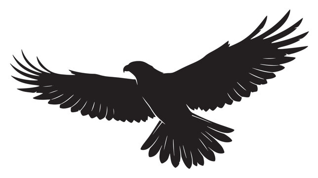 Majestic eagle silhouette in flight, soaring hawk vector illustration, black bird of prey icon isolated on white, predatory falcon with spread wings