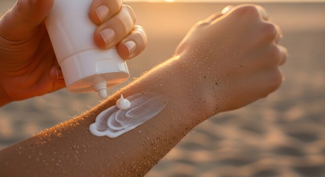 unblock being applied to a person's sandy arm against a blurred beach background at golden hour. This imagery is ideal for beauty blogs, dermatology marketing, and summer vacation travel guides.