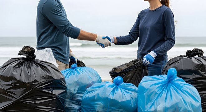 Environmental volunteers shaking hands behind garbage bags after successful ocean beach cleanup.