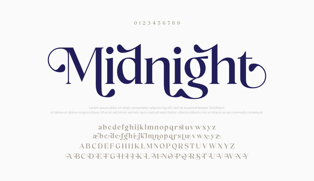 Midnight Elegant luxury abstract wedding fashion logo font alphabet. Minimal classic urban fonts for logo, brand etc. Typography typeface uppercase lowercase and number. vector illustration