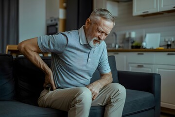 Obraz premium Elderly man sitting on sofa experiencing lower back pain with backache discomfort soreness