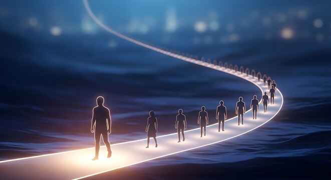 Silhouettes of people walking on a glowing path leading to a city skyline at night, symbolizing journey and future