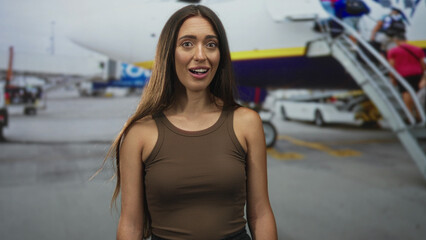 Fototapeta premium Woman in brown tank top with exposed shoulders and open mouth looking toward jet bridge and aircraft stairs at airport terminal, candid profile; travel curiosity.