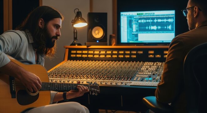 Musician Playing Guitar in Recording Studio with Sound Engineer at Console