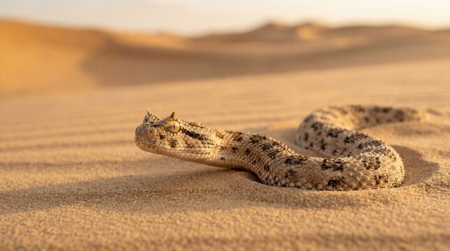Horned Viper Moving Across Fine Desert Sand Dunes, Wildlife Close-Up