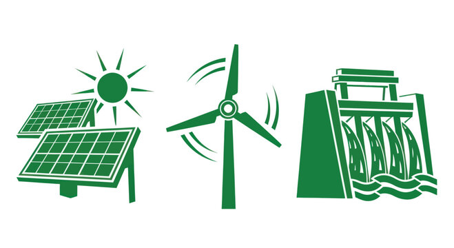Green energy icons including solar panels, wind turbine, and hydroelectric dam on white background for eco-friendly concepts