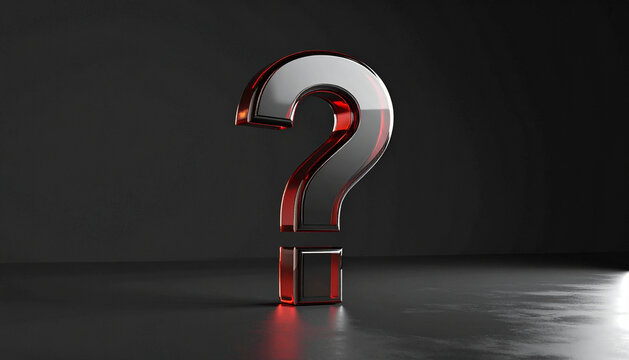 Glossy 3D question mark with metallic silver and red accents on a dark background, symbolizing uncertainty, inquiry, problem solving, and curiosity with dramatic lighting.