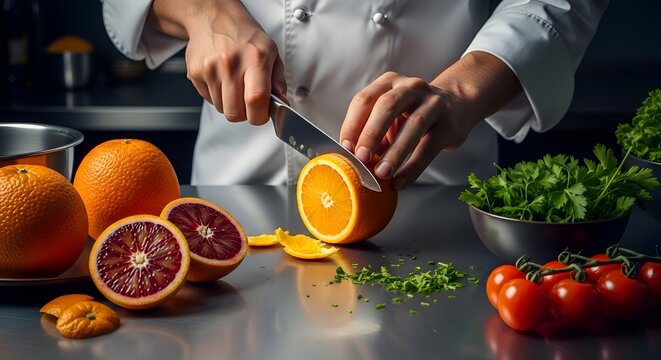 Hands zesting orange, slicing lime, and chopping herbs on a dark kitchen counter