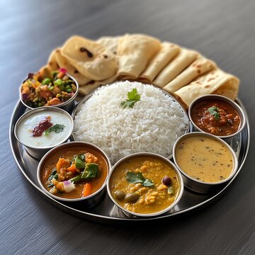 Traditional Indian thali with rice, curries, chapatis, and yogurt.