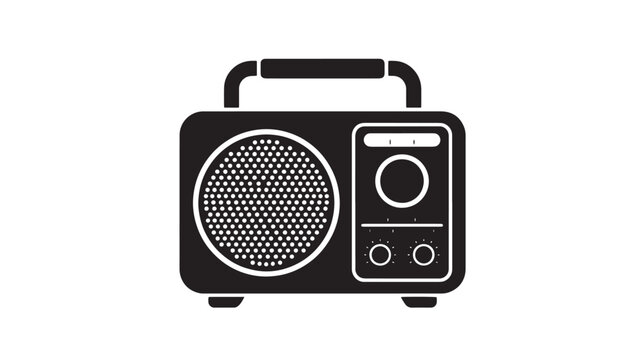 Vintage radio vector icon, retro portable transistor radio silhouette, black and white analog music player graphic for media design