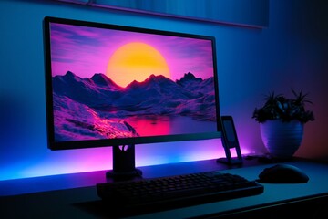 Fototapeta premium Digital Artwork Display on a Monitor With Colorful Lighting in a Dim Room During Evening Hours