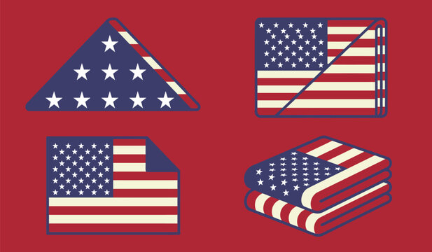 American flag folding icons set, patriotic USA flag in triangle and rectangle folds, 4 vector elements for military funeral or memorial day, red white and blue national symbols