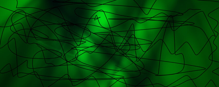 Abstract Dark Emerald Green Background with Tangled Black Scribble Lines and Organic