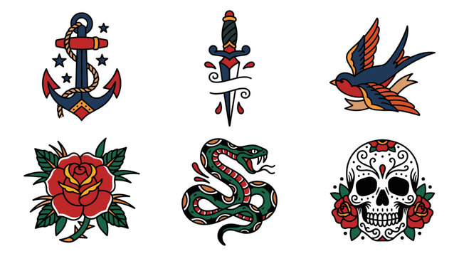 vector traditional old school tattoo flash collection with anchor dagger swallow rose snake and sugar skull