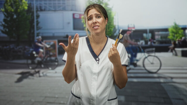 Nurse woman holding brushes with palm up gesture on busy street crosswalk with cyclists passing in repeated poses; confusion doubt.