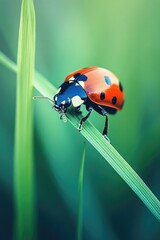 Obraz premium A ladybug sits on a single blade of grass
