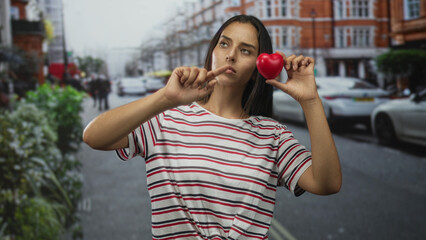 Fototapeta premium Woman holds a red heart and points finger to it on a busy city street wearing a striped tshirt and serious expression; romantic doubt.
